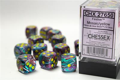 FESTIVE® 16MM D6 MOSAIC/YELLOW DICE BLOCK™ (12 DICE)