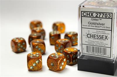 GLITTER 16MM D6 GOLD/SILVER DICE BLOCK™ (12 DICE)