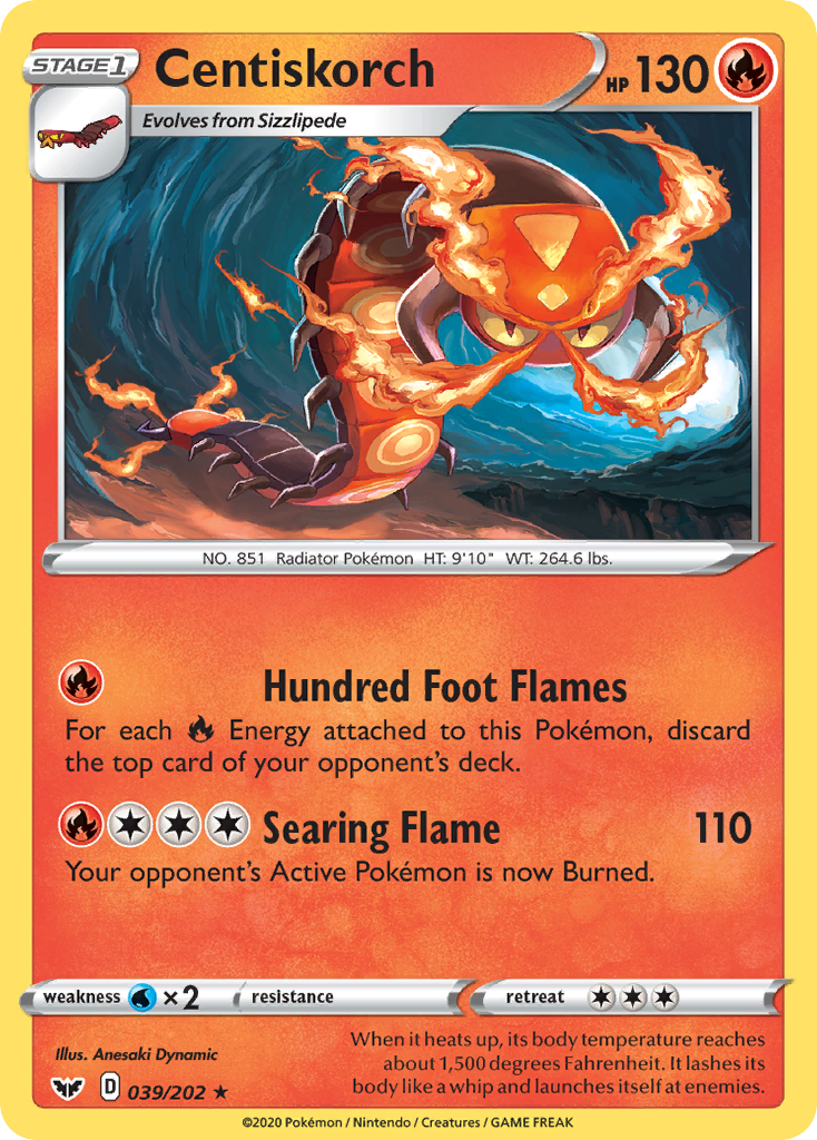 what pokemon set has 202 cards Centiskorch (039/202) [Sword & Shield: Base Set] – TokenMTG