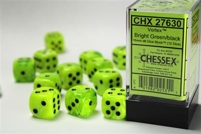 VORTEX® 16MM D6 BRIGHT GREEN/BLACK DICE BLOCK™ (12 DICE)